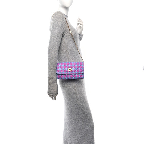 Versace Tweed Quilted Medusa Wallet on Chain Crossbody Pink Blue