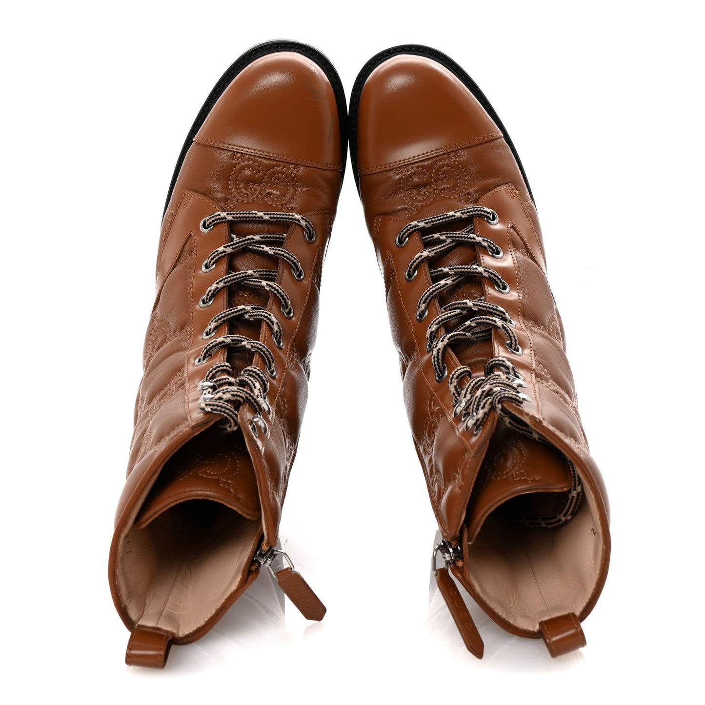 Gucci Cordovan Lux Nappa GG Matelasse Lace Up 60mm Combat Boots 37.5 Dark Hazel Brown