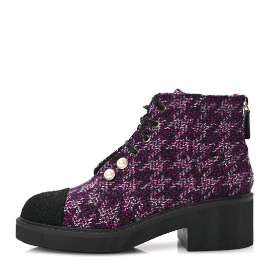 Chanel Tweed Pearl Combat Short Boots 38 Purple Black
