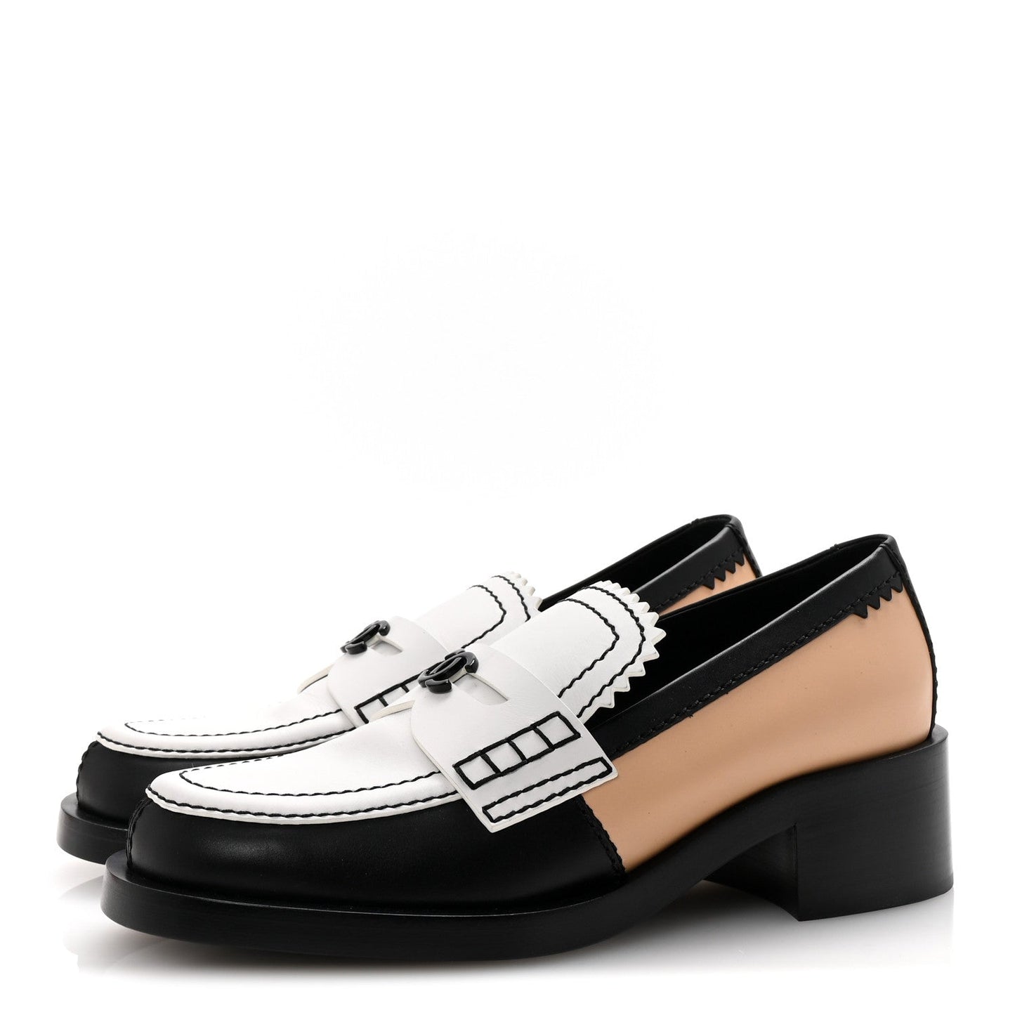 Chanel Calfskin CC Loafers 38 Black White Beige