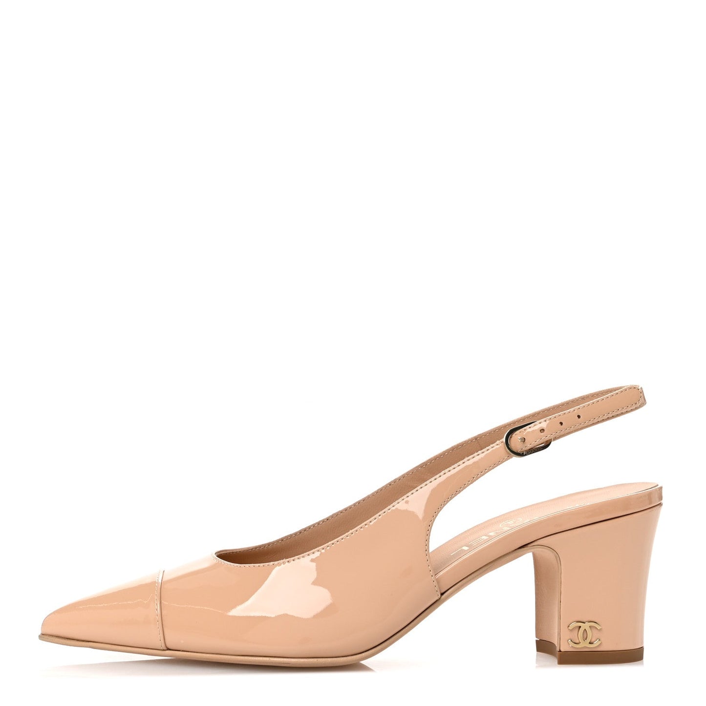 Chanel Patent Calfskin Cap Toe CC Slingback Pumps 38 Beige