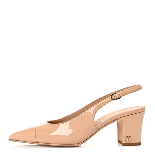 Chanel Patent Calfskin Cap Toe CC Slingback Pumps 38 Beige