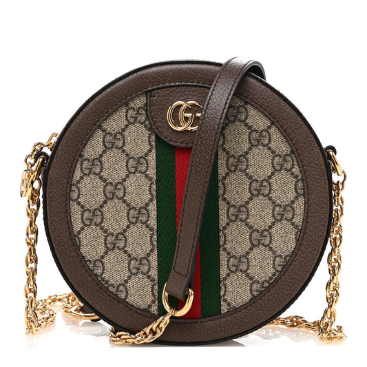 Gucci GG Supreme Monogram Web Mini Ophidia Round Shoulder Bag Brown