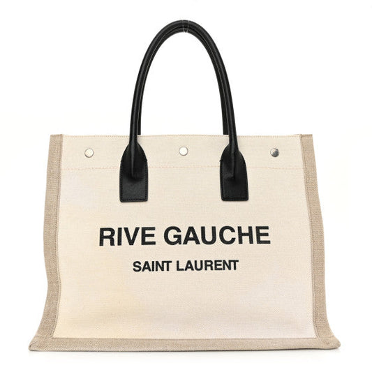 Saint Laurent Linen Calfskin Small Rive Gauche Tote Greggio Natural