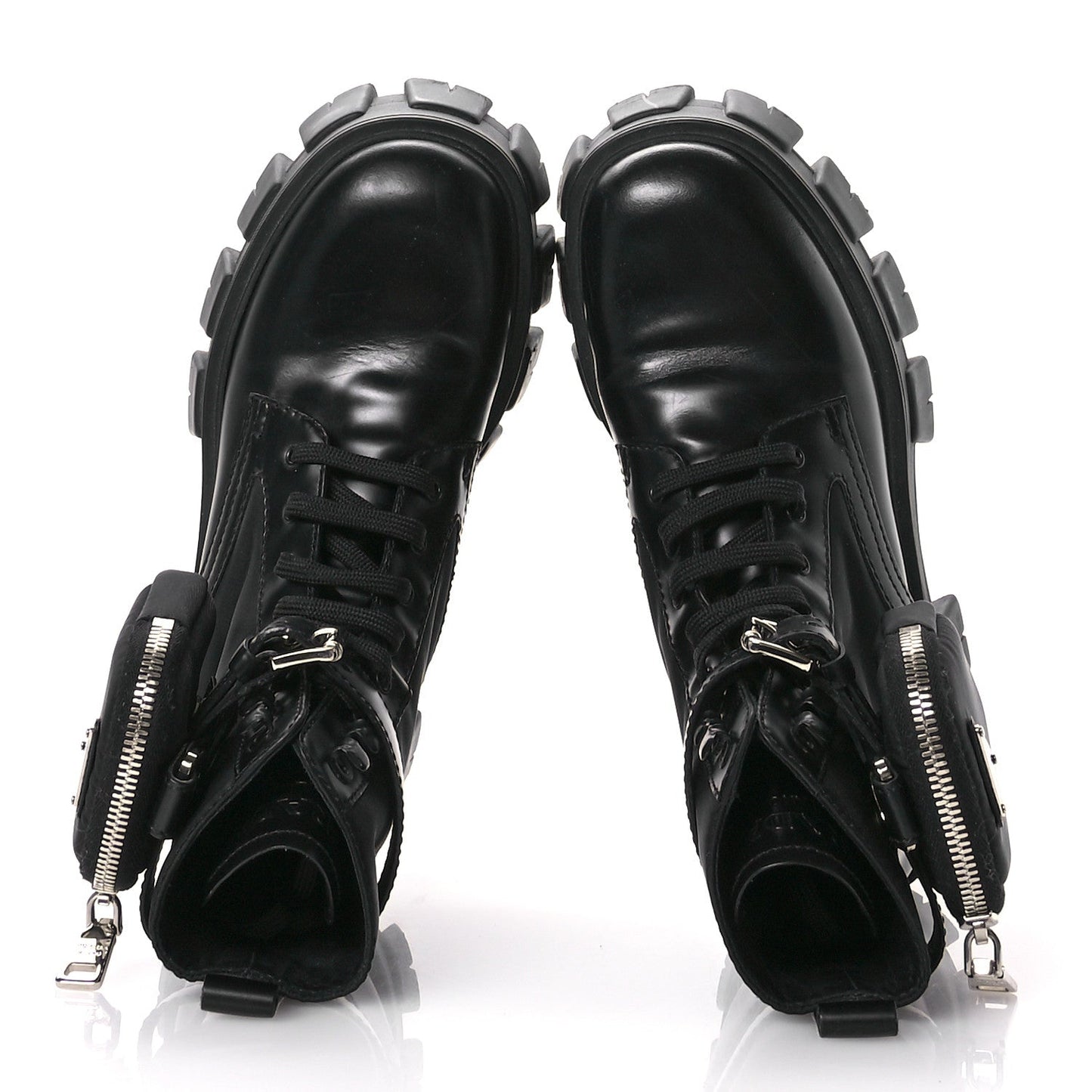 Prada Spazzolato Rois Re-Nylon Metal Triangle Logo Monolith Pouch Pocket 55mm Boots 35.5 Black