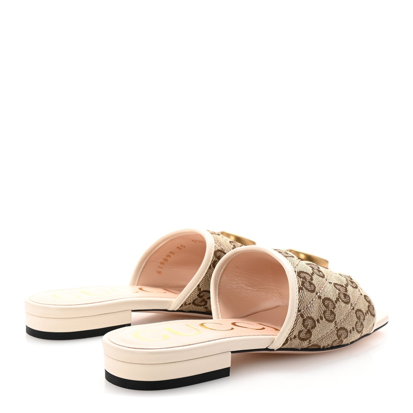 Gucci Monogram Matelasse Diagonal GG Marmont Flat Slide Sandals 35 Beige Ebony Mystic White