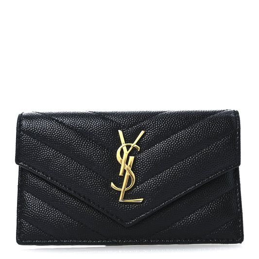 Saint Laurent Grain De Poudre Matelasse Chevron Monogram Compact Wallet Black