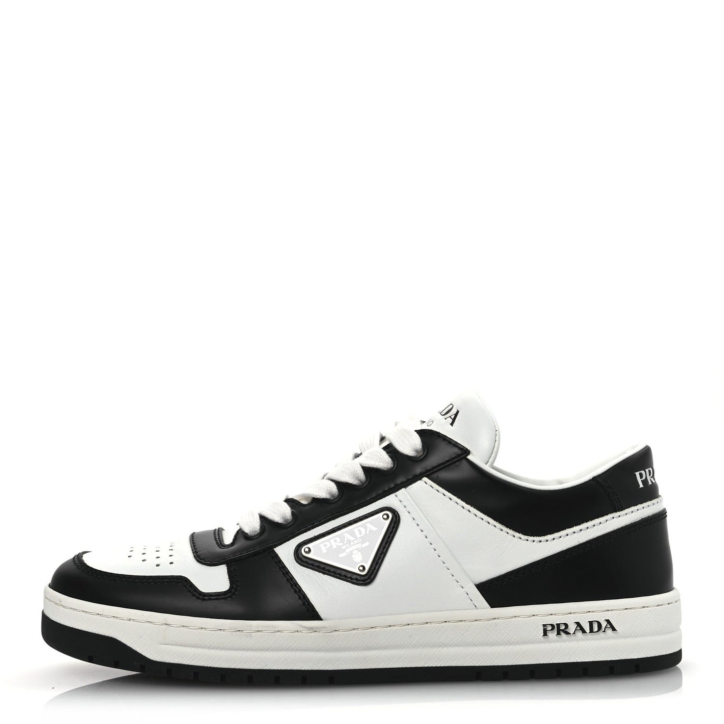 Prada Vitello Sport Spazzolato Rois Metal Triangle Logo Downtown Low Top Sneakers 37.5 White Black