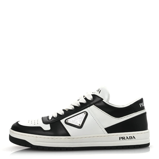 Prada Vitello Sport Spazzolato Rois Metal Triangle Logo Downtown Low Top Sneakers 37.5 White Black