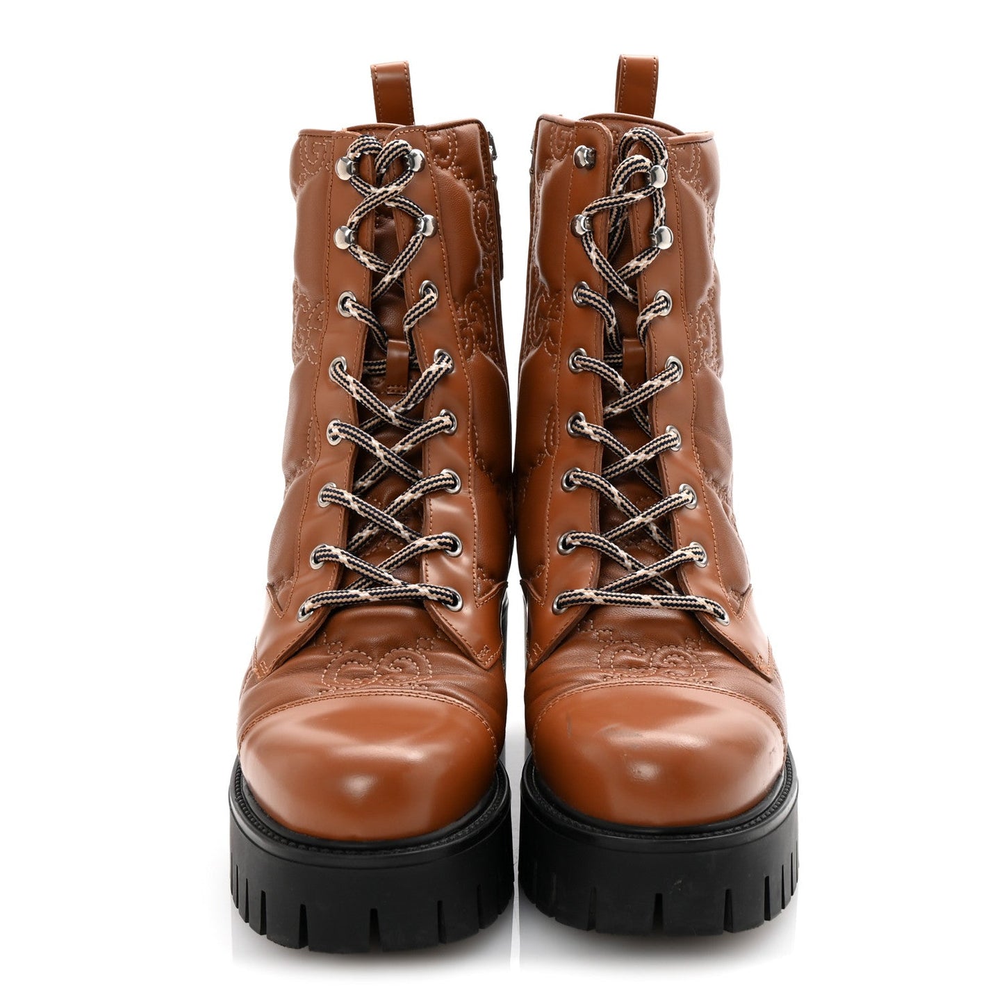 Gucci Cordovan Lux Nappa GG Matelasse Lace Up 60mm Combat Boots 37.5 Dark Hazel Brown