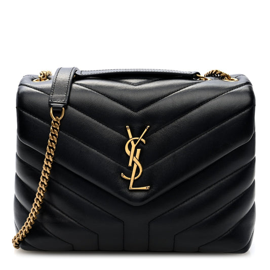 Saint Laurent Calfskin Y Quilted Monogram Small Loulou Chain Satchel Black