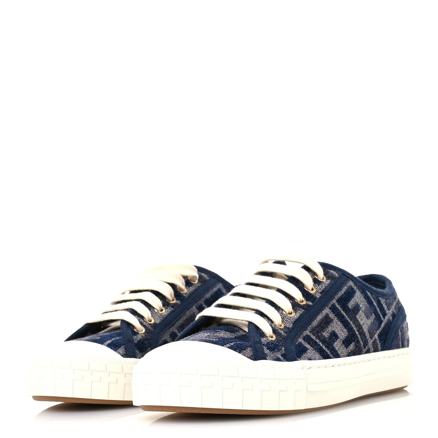 Fendi Chenille FF Embroidered Womens Domino Low Top Sneakers 36 Grigio Blue Notte