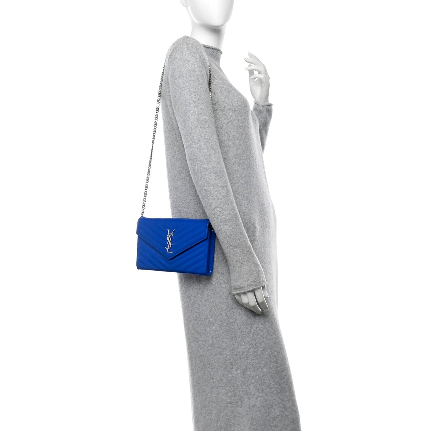 Saint Laurent Patent Grain De Poudre Matelasse Chevron Monogram Chain Wallet Blue Majorelle