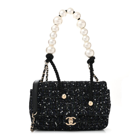 Chanel Tweed Medium Pearl Handle Flap Black Ecru