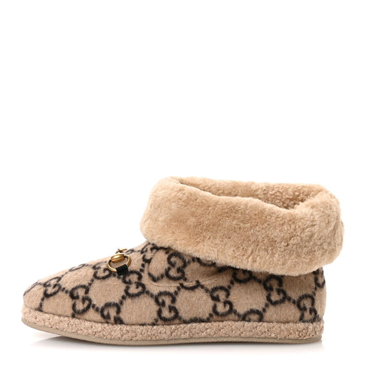 Gucci Covered Wool GG Monogram Mens Fria Horsebit Ankle Boots 9 Beige Ebony Butterscotch
