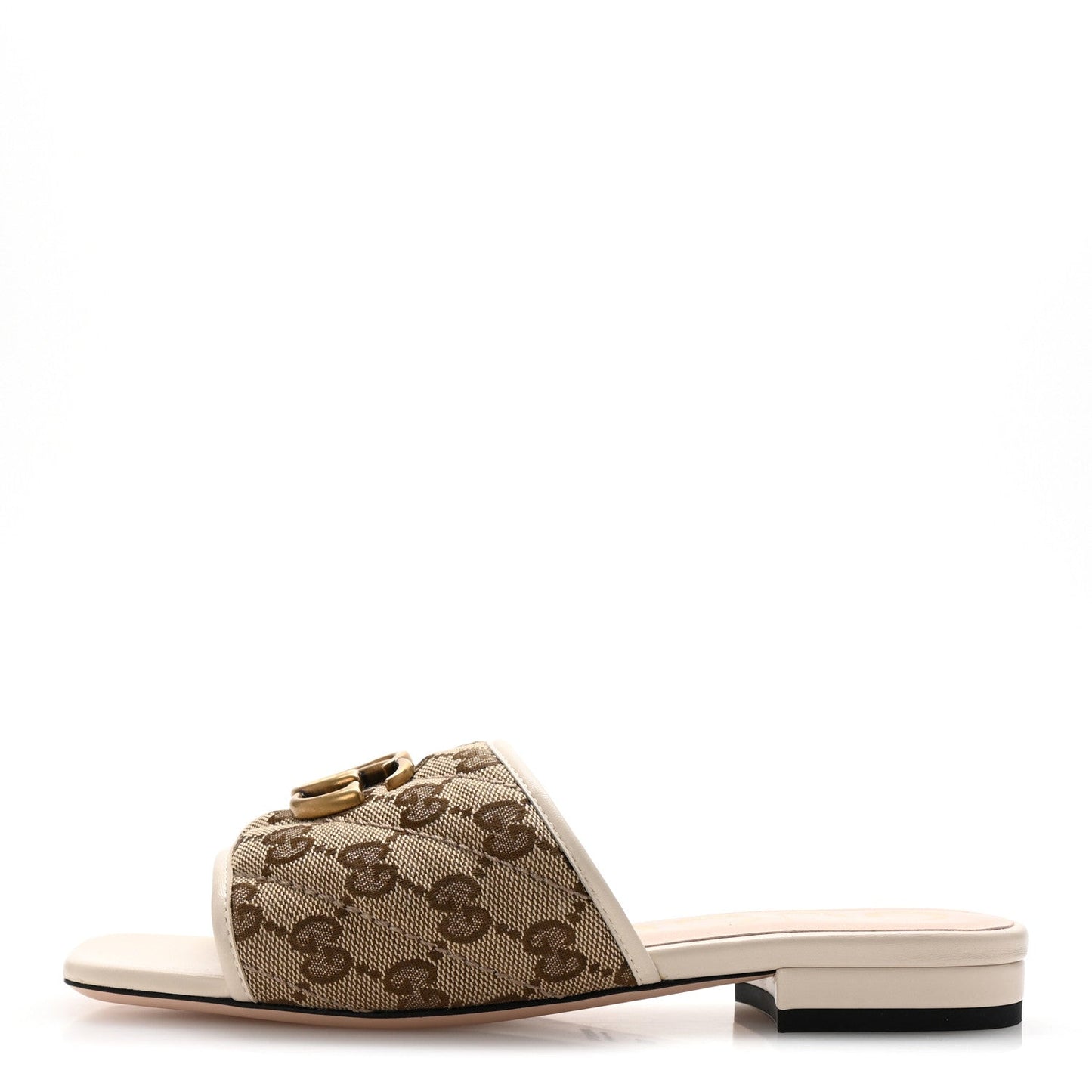 Gucci Monogram Matelasse Diagonal GG Marmont Flat Slide Sandals 35 Beige Ebony Mystic White