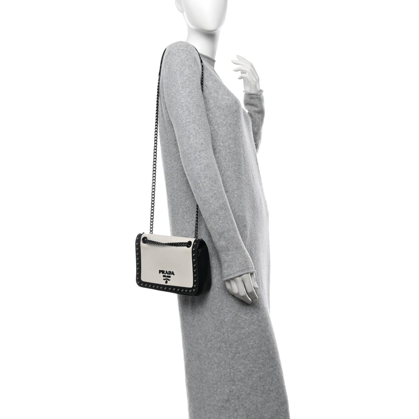 Prada Glace Calfskin Studded Crossbody White Black