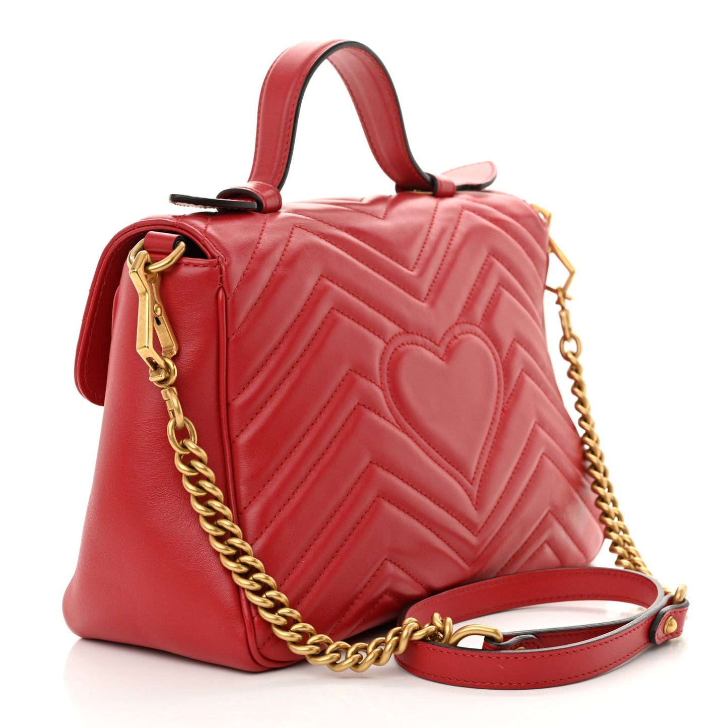 Gucci Calfskin Matelasse Small GG Marmont Top Handle Shoulder Bag Hibiscus Red