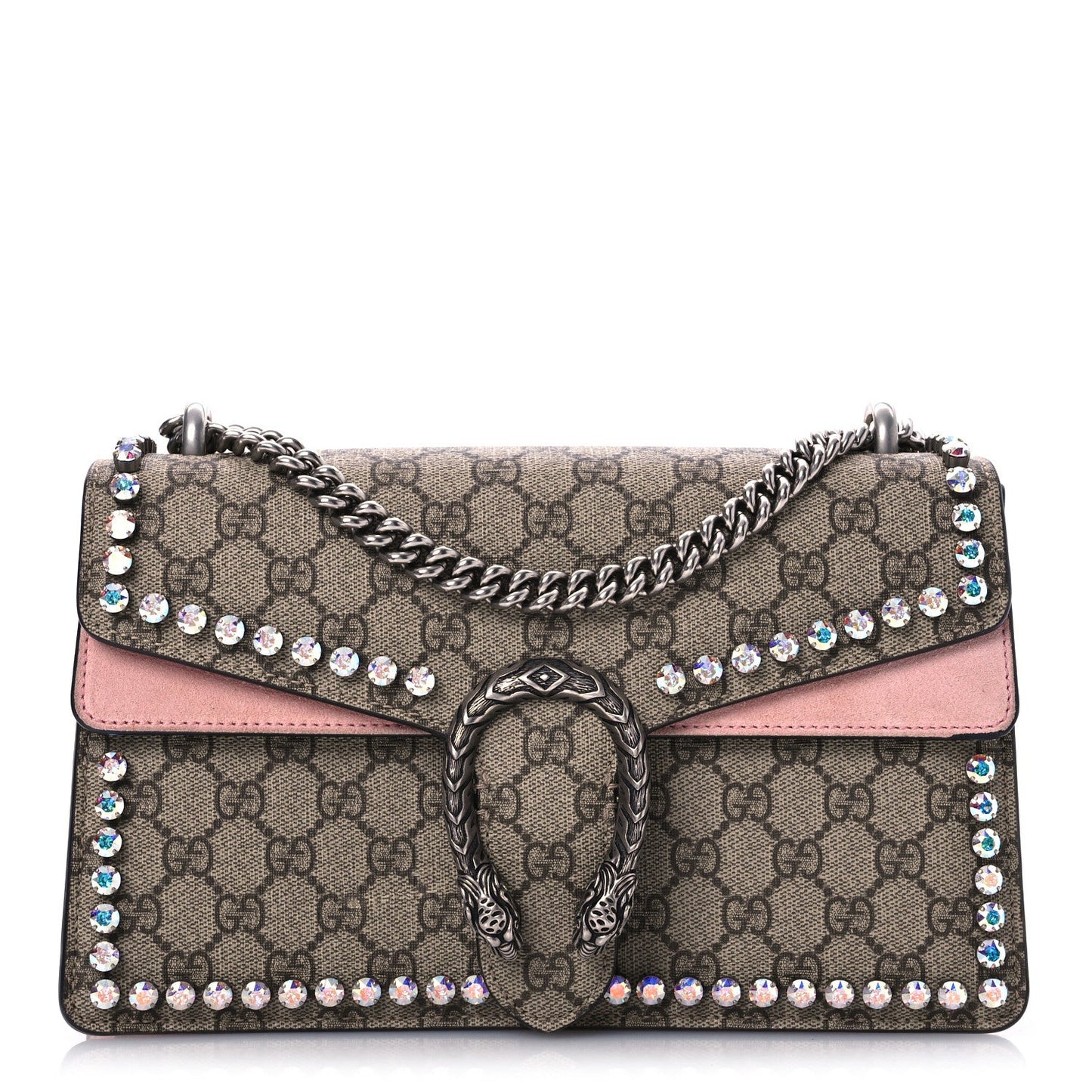 Gucci GG Supreme Monogram Suede Crystal Small Dionysus Shoulder Bag Beige Ebony Light Peonia