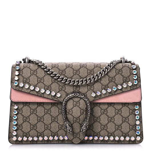 Gucci GG Supreme Monogram Suede Crystal Small Dionysus Shoulder Bag Beige Ebony Light Peonia