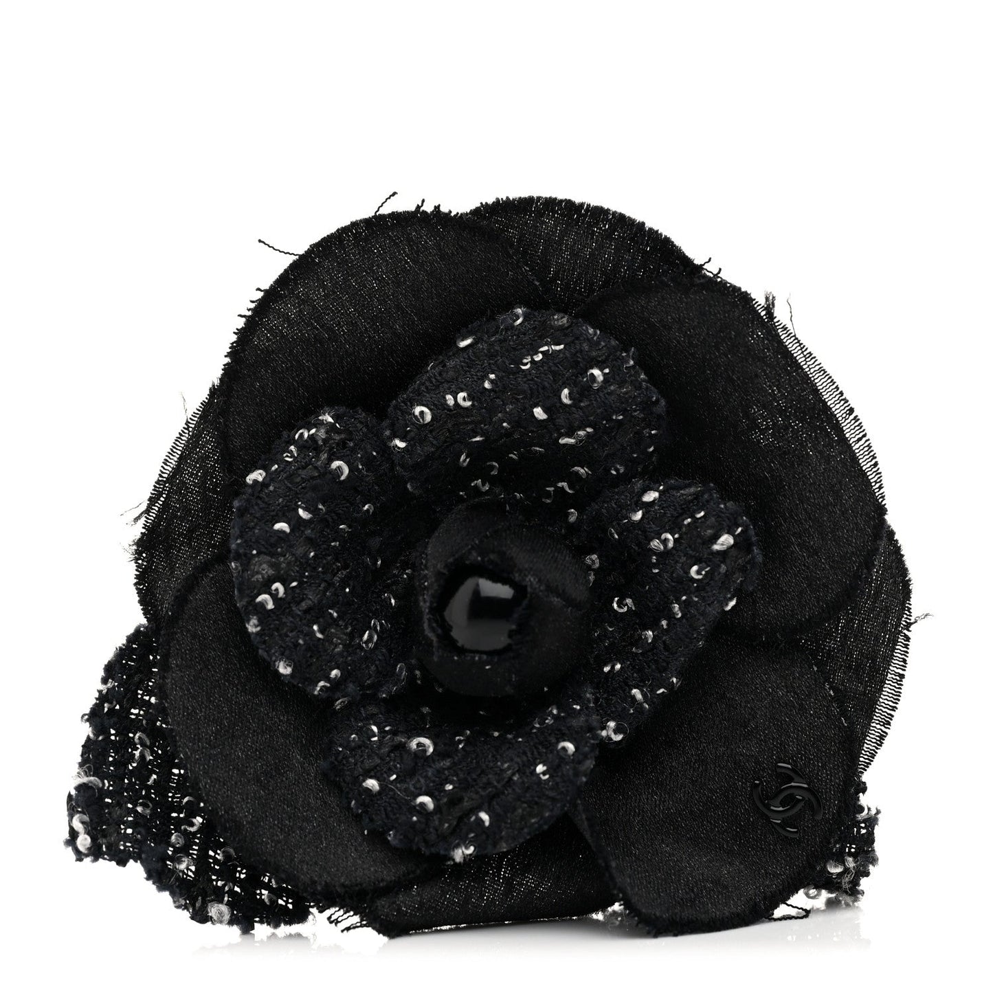 Chanel Tweed Fabric Camellia Pin Brooch Black