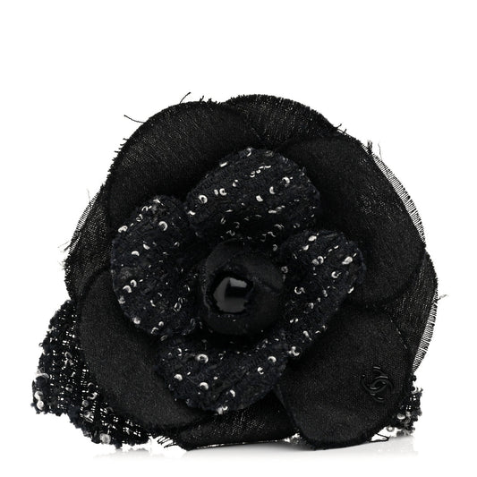 Chanel Tweed Fabric Camellia Pin Brooch Black