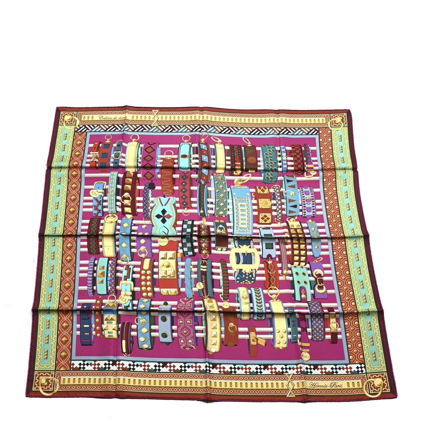 Hermes Silk Colliers de Chiens Scarf 90 Fuchsia Turquoise Grenat