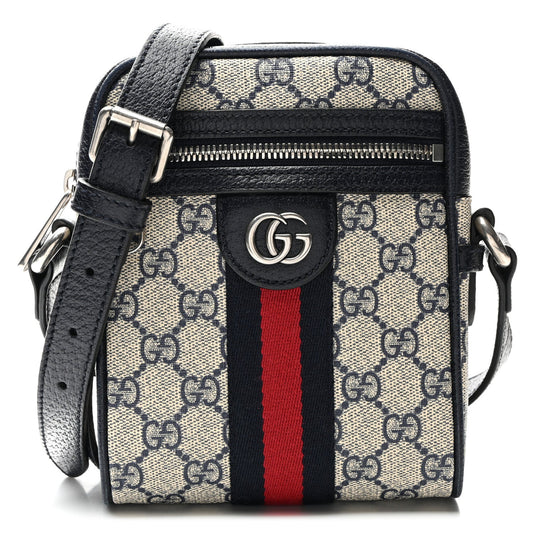 Gucci GG Supreme Monogram Textured Calfskin Web Mini Ophidia Messenger Beige Blue