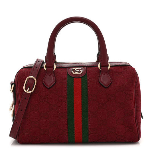 Gucci Denim Calfskin GG Monogram Small Ophidia Top Handle Bag Burgundy