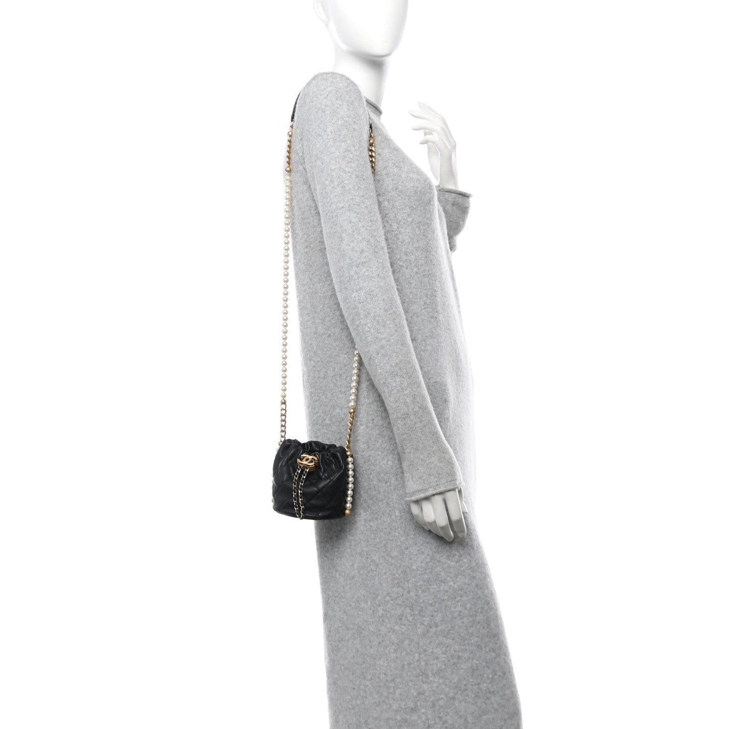 Chanel Calfskin Quilted Pearl Mini About Pearls Drawstring Bucket Bag Black