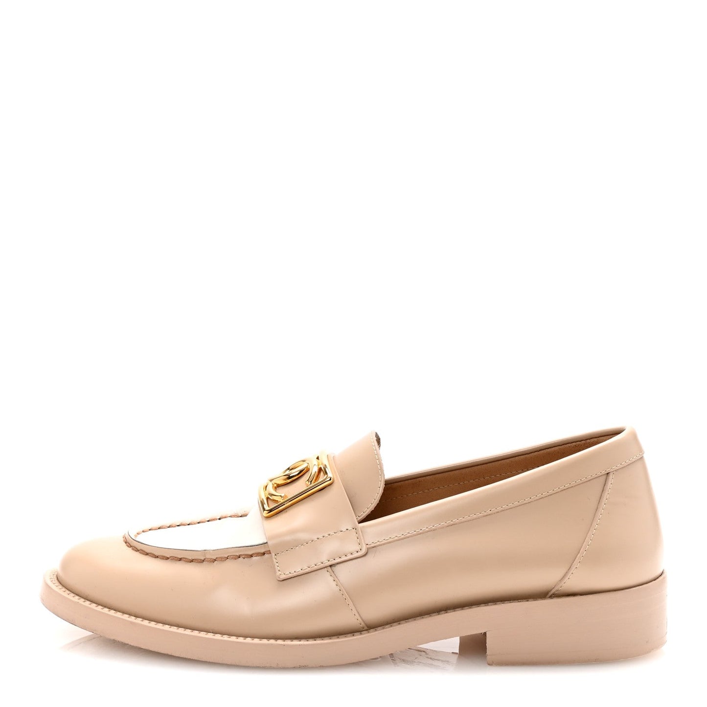Chanel Shiny Calfskin CC Loafers 38 Beige White