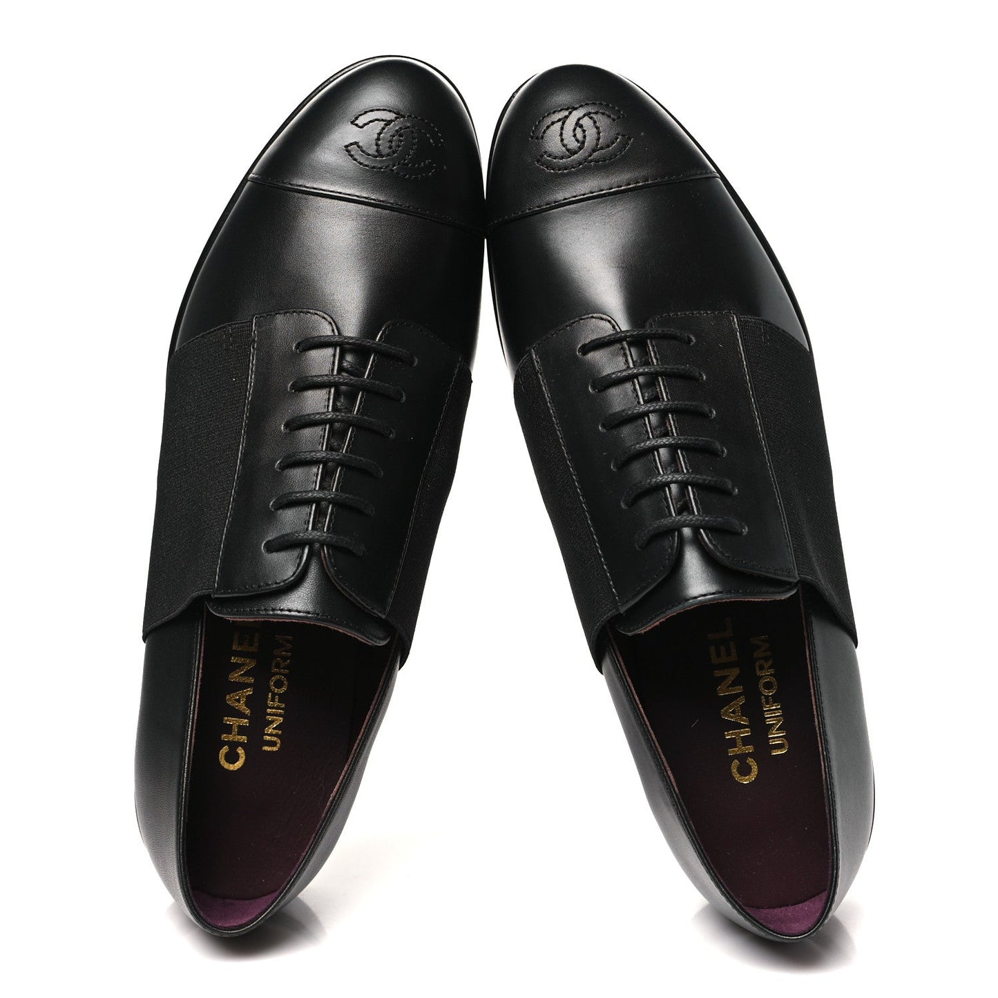 Chanel Calfskin Elastic Lace Up Cap Toe CC Loafers 37 Black