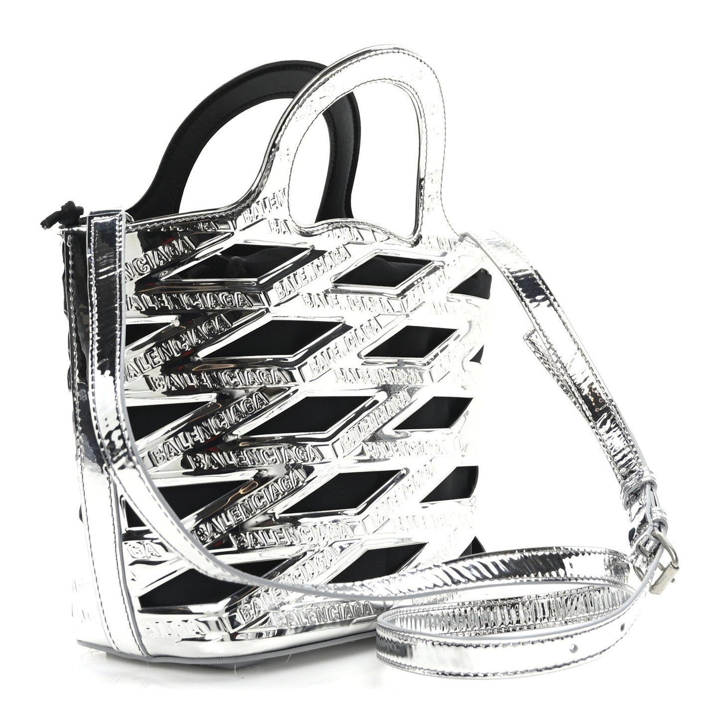 Balenciaga Patent Metallic Calfskin Small Neo Basket Tote Silver