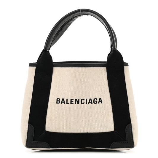 Balenciaga Cotton Canvas Calfskin Navy Cabas XS Natural Black