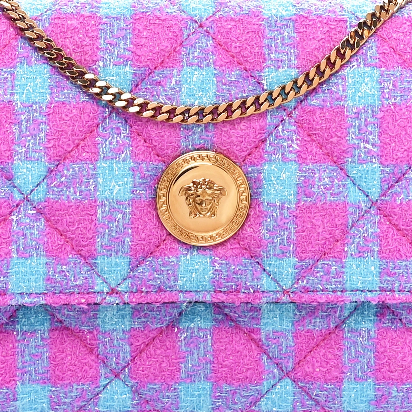 Versace Tweed Quilted Medusa Wallet on Chain Crossbody Pink Blue