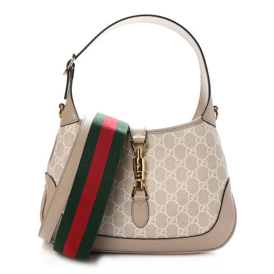 Gucci GG Supreme Monogram Textured Dollar Calfskin Web Small Jackie 1961 Hobo Beige Mystic White Oatmeal