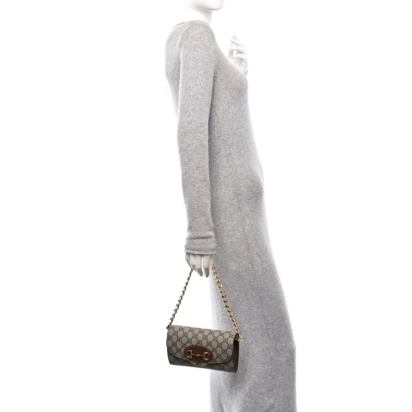 Gucci GG Supreme Monogram Azalea Calfskin Web Mini Horsebit 1955 Chain Shoulder Bag Beige Ebony Brown Sugar