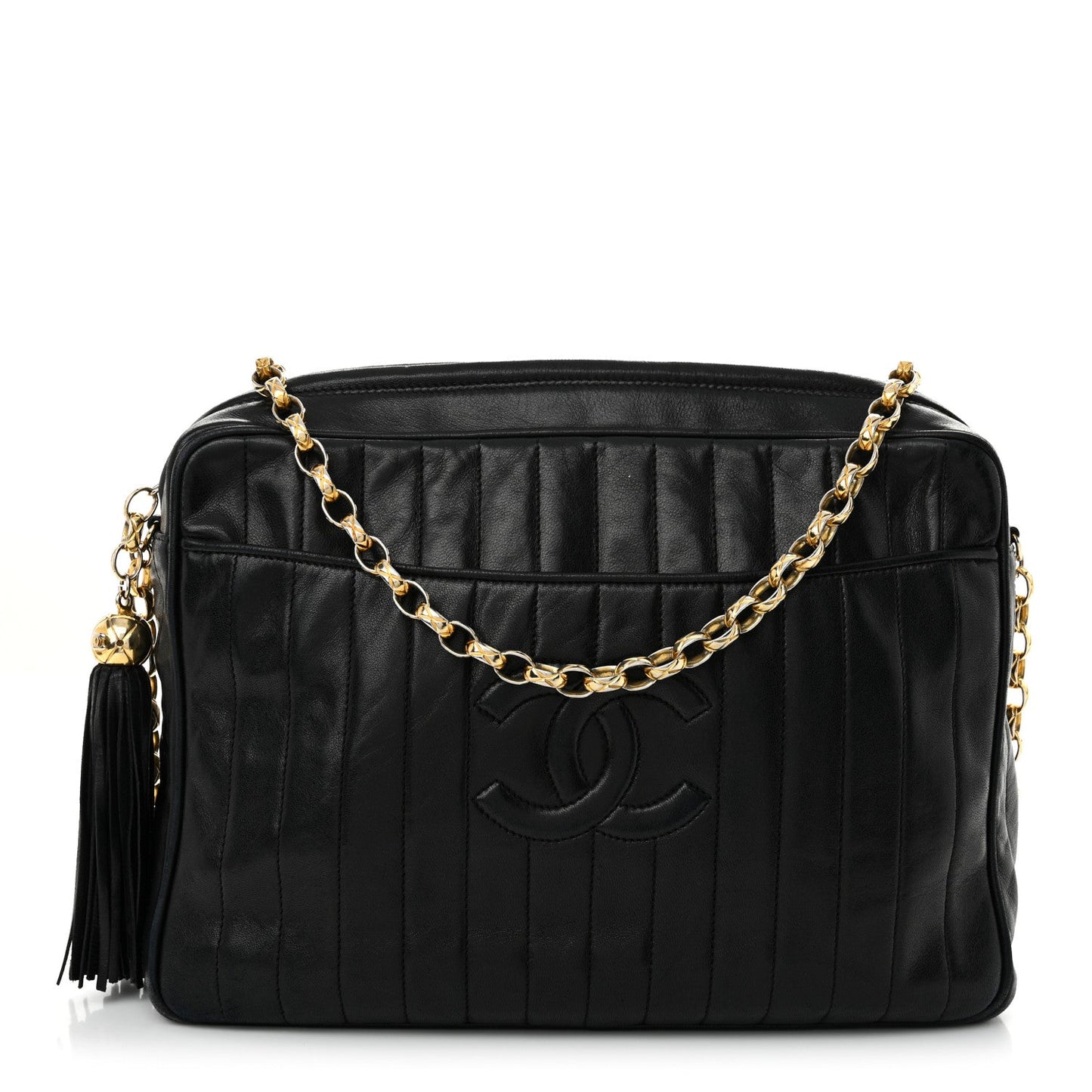 Chanel Lambskin Vertical Quilted Tassel Camera Case Black