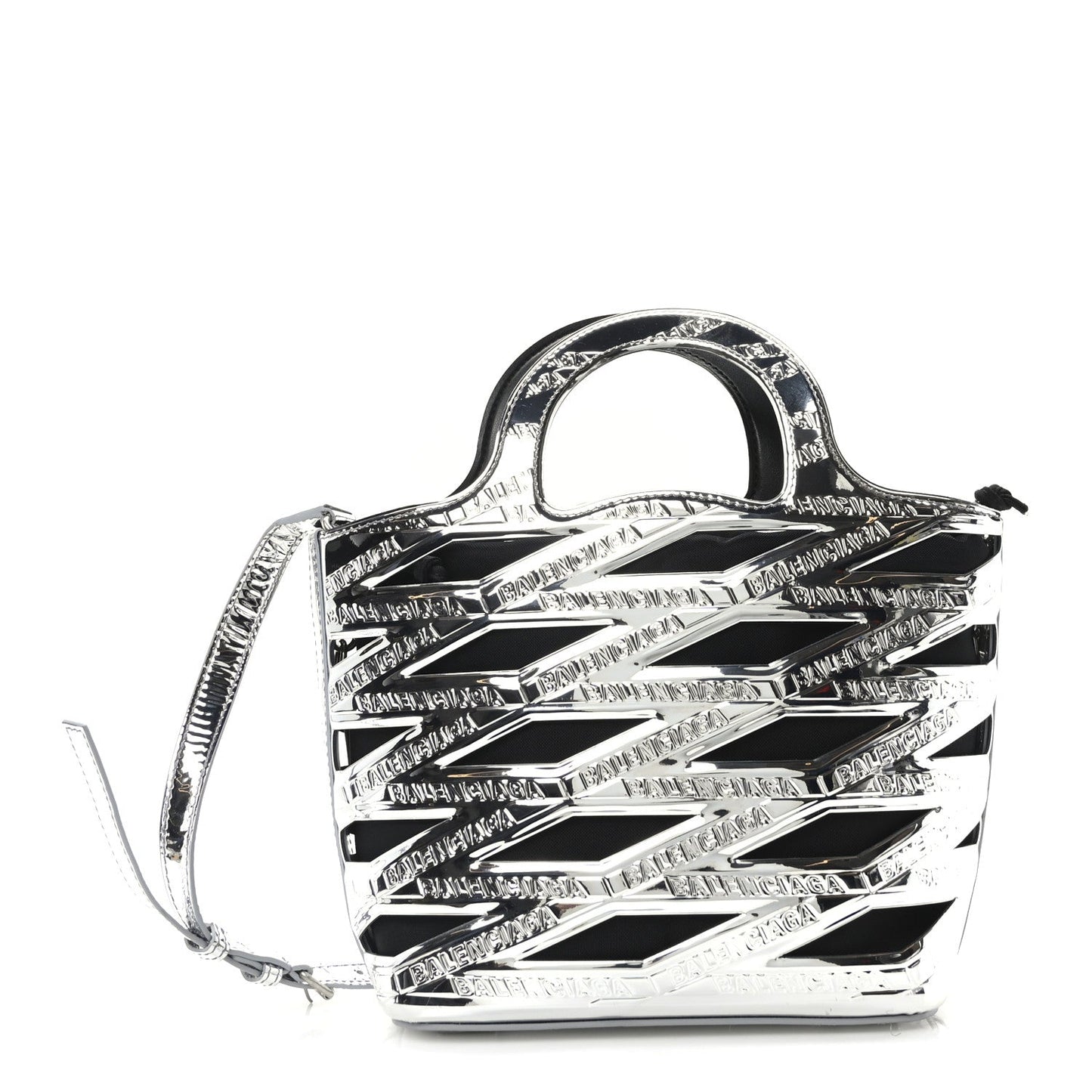 Balenciaga Patent Metallic Calfskin Small Neo Basket Tote Silver
