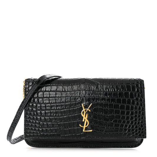 Saint Laurent Crocodile Embossed Monogram Phone Holder Crossbody Black