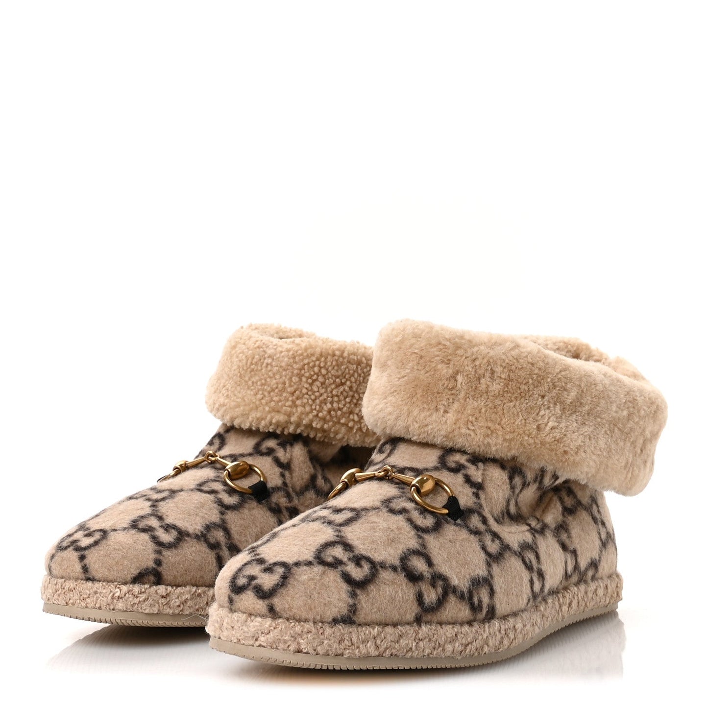 Gucci Covered Wool GG Monogram Mens Fria Horsebit Ankle Boots 9 Beige Ebony Butterscotch
