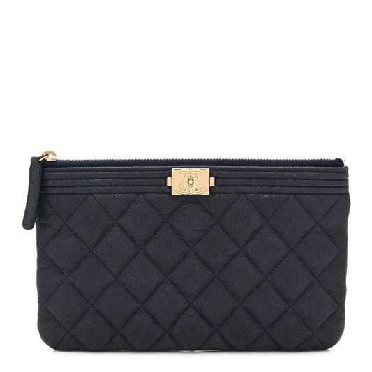 Chanel Caviar Quilted Small Zipped Boy Pouch Navy Blue
