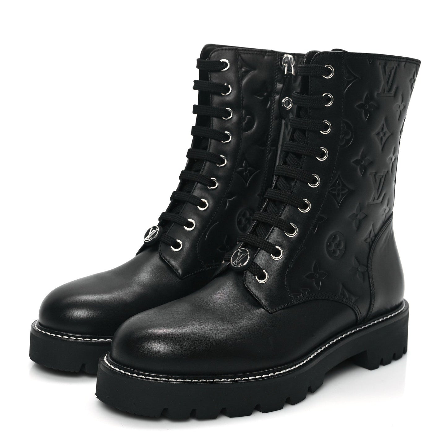 Louis Vuitton Calfskin Monogram Territory Flat Ranger Boots Black