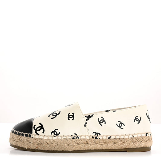 Chanel Lambskin Printed CC Espadrilles 38 White Black