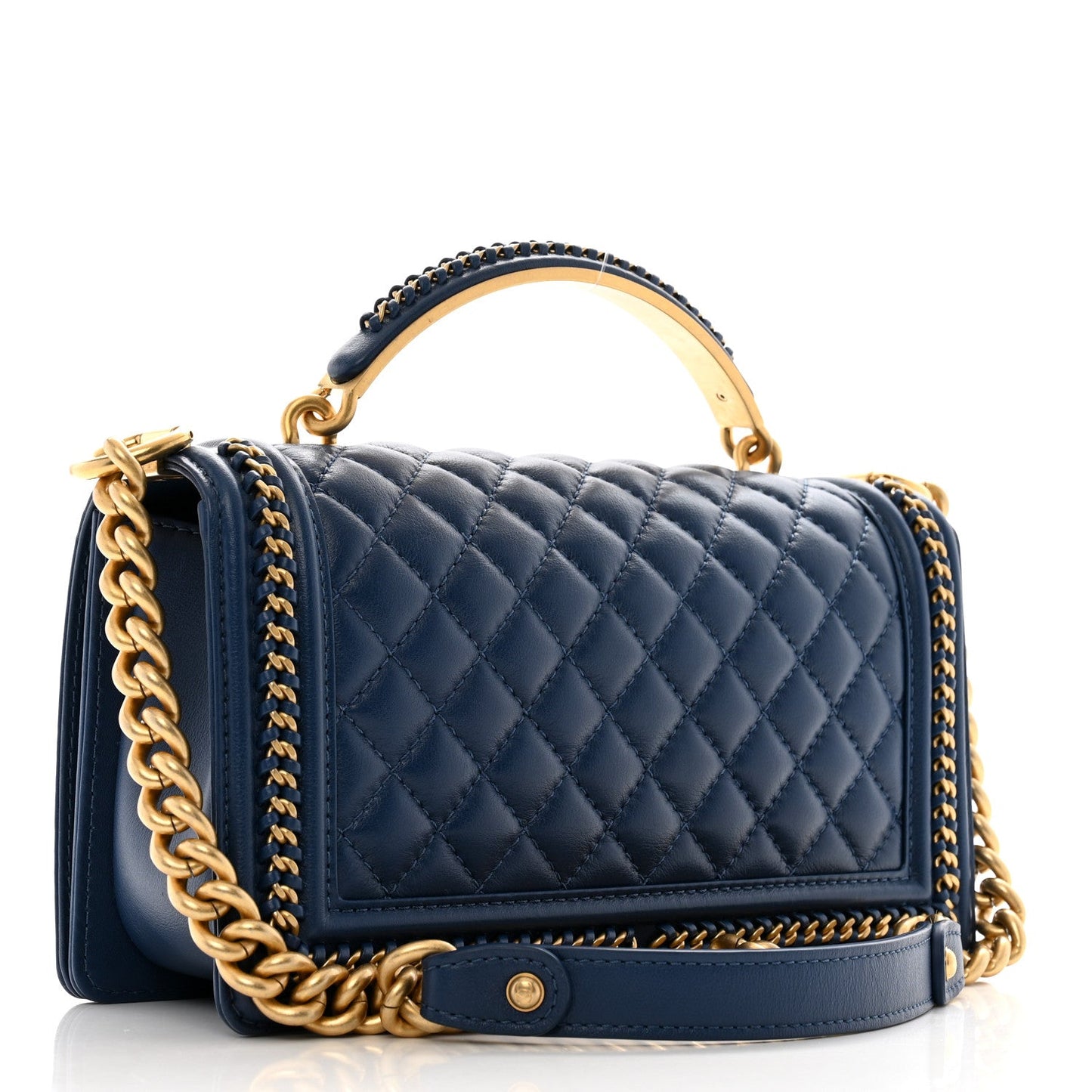 Chanel Lambskin Quilted Medium Top Handle Boy Flap Dark Blue
