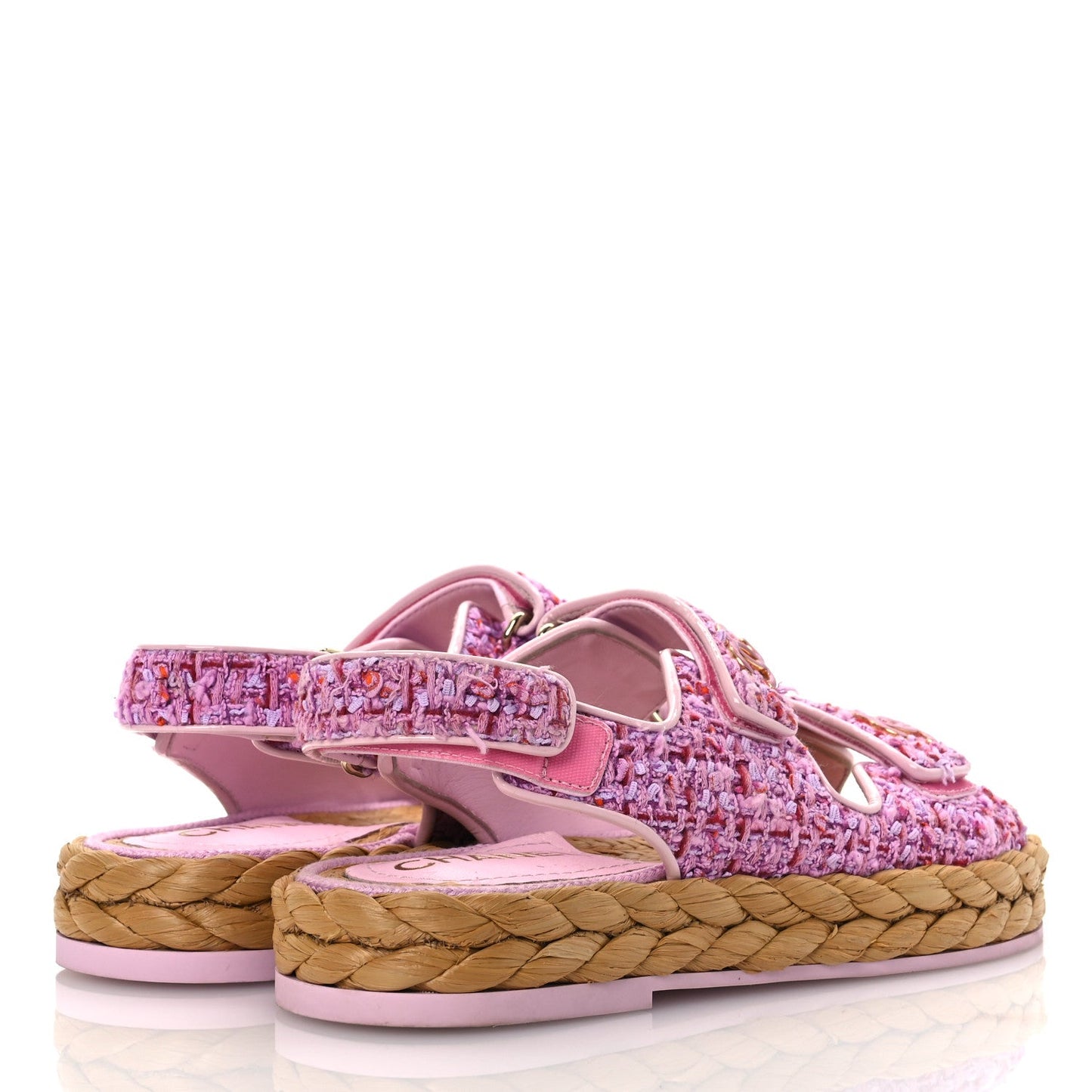 Chanel Tweed Patent Calfskin Velcro Dad Sandals 36 Light Purple Pink Red