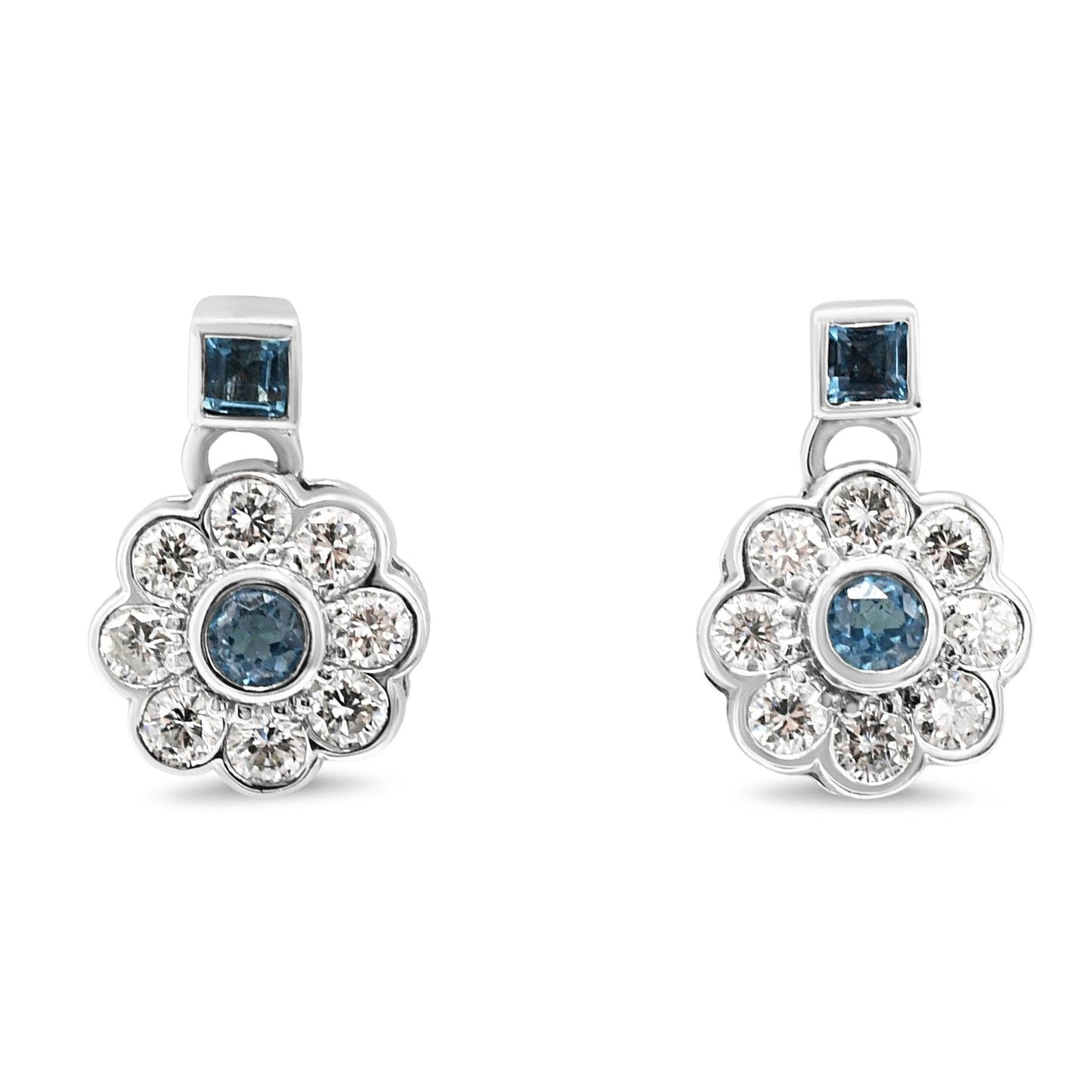 Blue Topaz & Brilliant Cut Diamond Cluster Drop Earrings - 18ct White