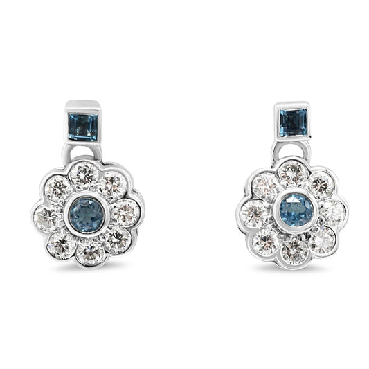 Blue Topaz & Brilliant Cut Diamond Cluster Drop Earrings - 18ct White