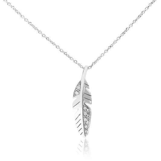 Brilliant Cut Diamond Feather pendant On 16" Necklace -18ct White Gold