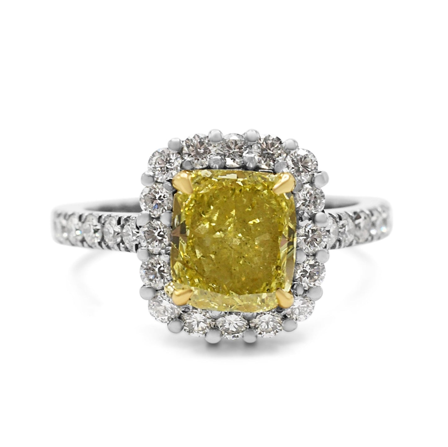 Certificated Fancy Intense Yellow Cushion Brilliant Cut Diamond Ring